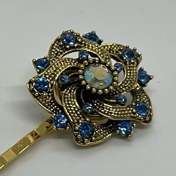 Handmade Blue Rhinestone Gold Set Hair Clips Whimsical HoCo Fairy Jewelry NWT - Picture 2 of 6